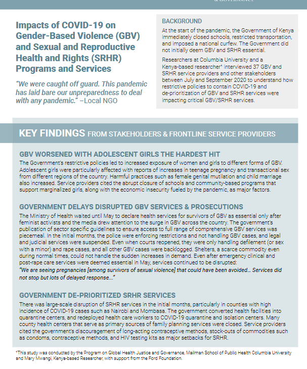 Impacts of COVID-19 on gender-based violence and sexual and reproductive health and rights programs and services in Kenya
